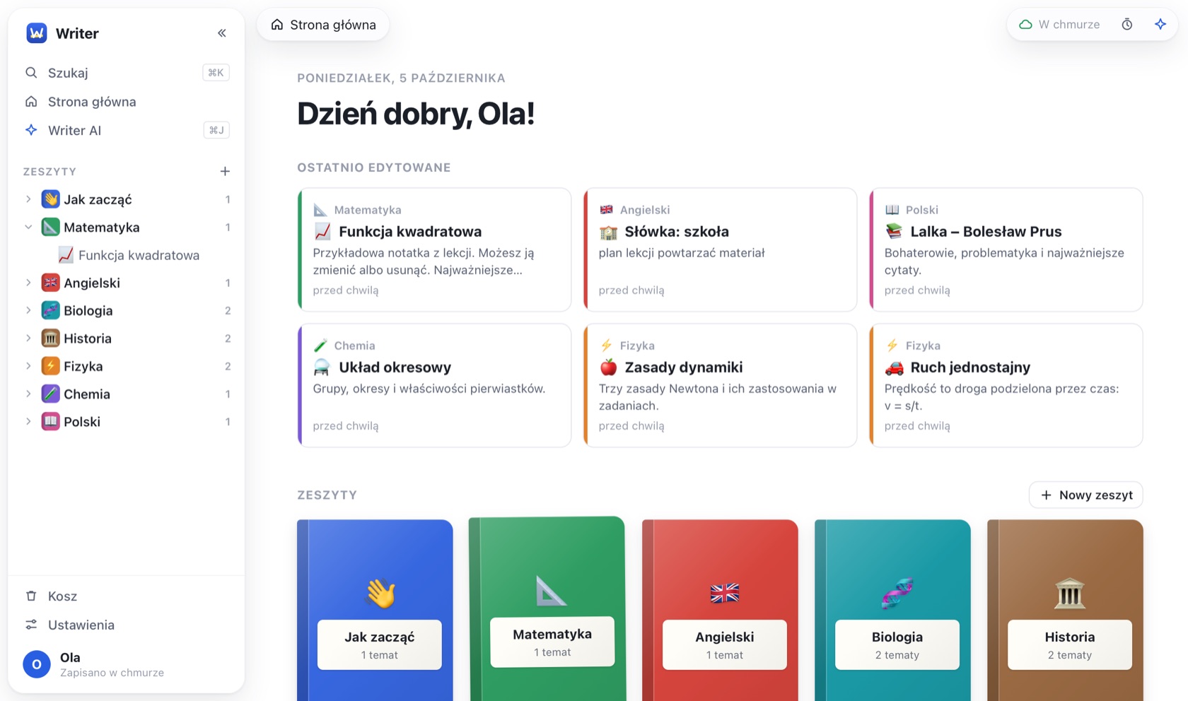 Strona główna Writer z półką kolorowych zeszytów